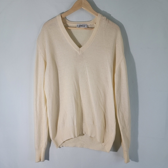 Lambswool Unisex Ivory V-neck Knit Sweater Sz M Made in Italy Long Sleeve Cozy - Picture 1 of 11